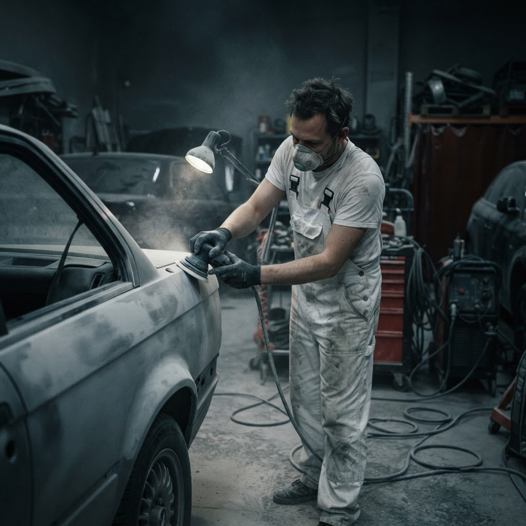 Technicien ponçant l'aile d'un véhicule dans l'atelier